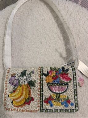 White Beaded Mini Shoulder Bag with Fruit Embroidery